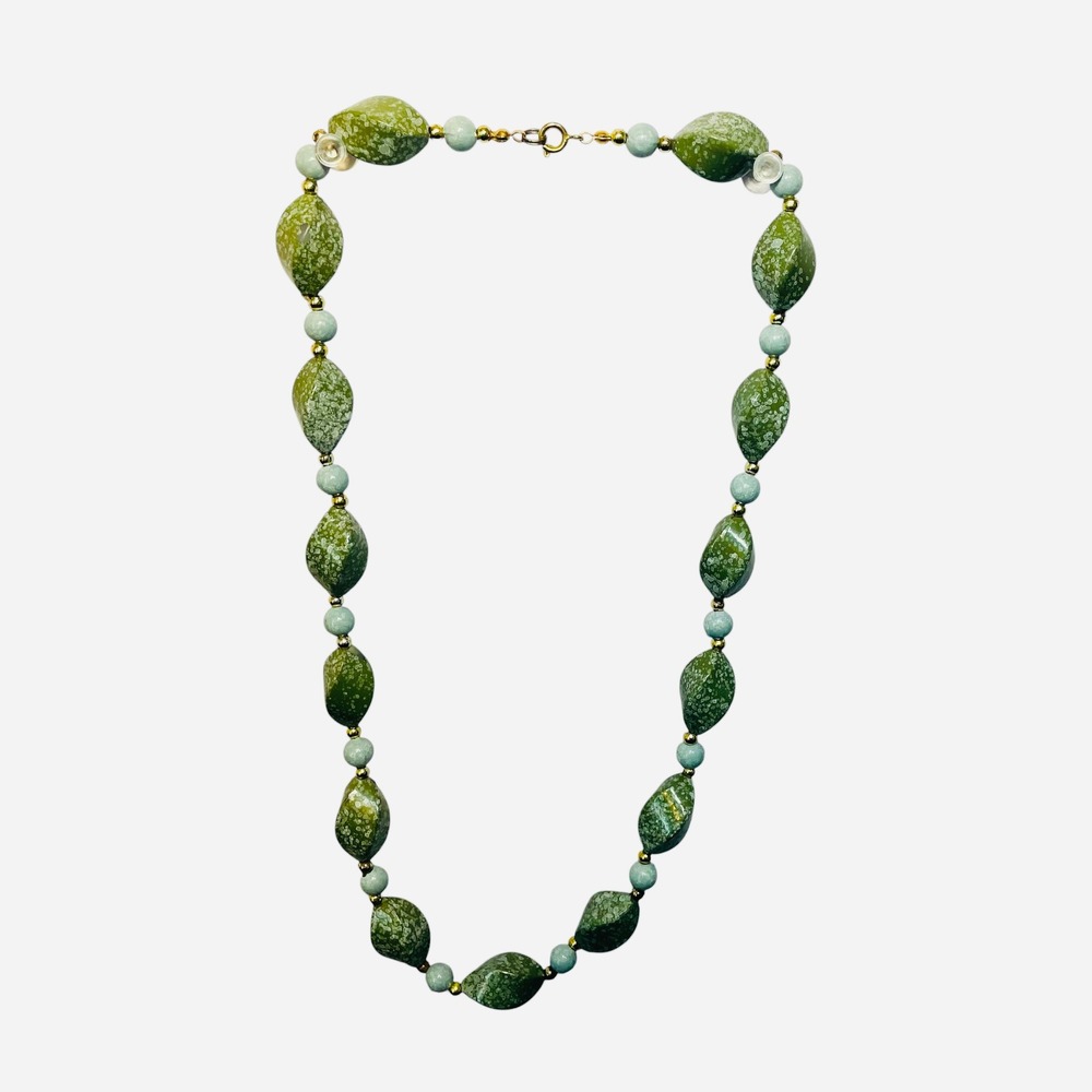 Vintage Green Beaded Necklace Mottled Olive Mint Gold Tone Statement 23 Inch
